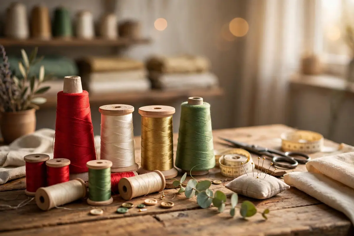 Bunte Stickgarnspulen und Konen auf einem Holztisch im Näh-Atelier