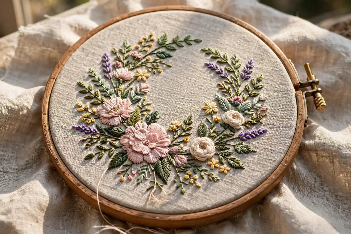 Fertiges florales Maschinenstickmotiv auf Leinenstoff im Stickrahmen